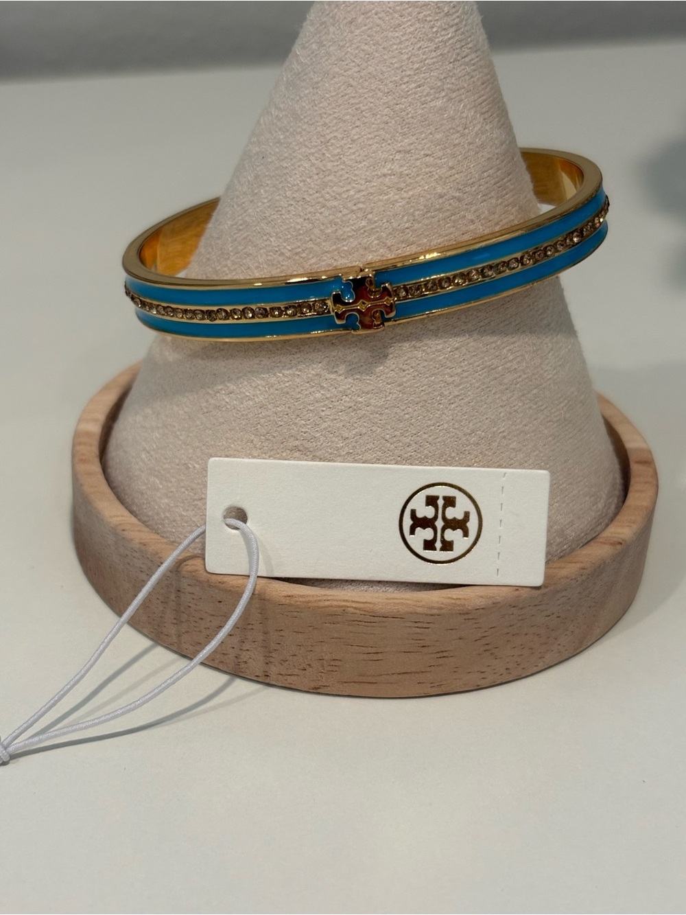 Tory Burch Turquoise Enamel Gold-Tone Logo Bangle with Crystal Row